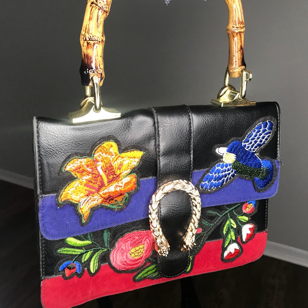 Black Multicolor Handbag Bamboo Handle